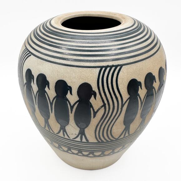 Saura or Warli Indian Tribal Folk Art Black Cream Ceramic Vase Urn w Children - Picture 11 of 13